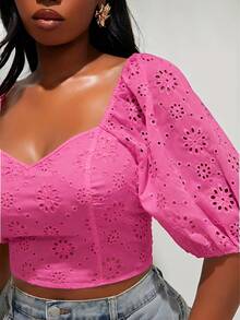 Radiana Chic Women's Fuchsia Hot Eyelet Short Sleeve Blouse With Open Back Design - Hot Pink - View 6