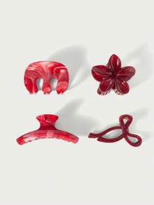 Glisma 4pcs ABS Material Bohemian Sweet Burgundy Marble Pattern One-Piece Bow Daisy Flower Hair Clips, Beach Hairstyle Accessories Hair Accessories Flower Claw Clips Fall Fashion Hair Claw Winter For Vacation Outfits Woman Summer - Multicolor - View 2