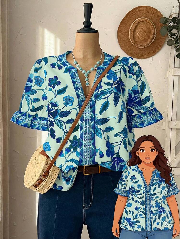 Plus Size Women V-Neck Floral Print Casual Versatile Daily Wear Shirt Summer Summer Outfits Spring Clothing Spring Outfit Festival Outfits For Women Beach Outfit For Women Vacation Outfits Women Holiday Outfits For Women Summer Holiday Outfits Country Concert Outfit Women's Country Clothing