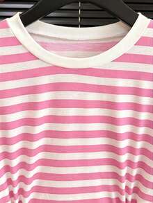 Franclia Women's Casual Striped Round Neck Waist Cinched Short Sleeve T-Shirt, Summer - Pink - View 3