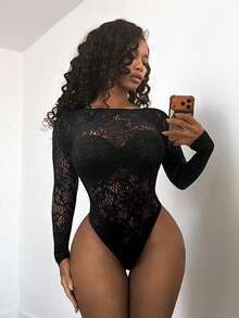 BamGleam Body de mujer sexy con diseño de malla transparente y calado - Negro - Ver 4