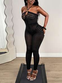 BamGleam Women's Sexy Hollow Out Mesh Sleeveless Strapless Backless Jumpsuit - Black - View 1