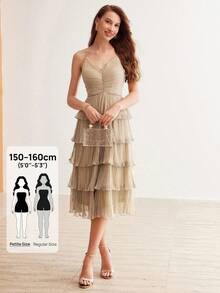 MOTF Petite ELEGANT FASHION PLEATED TEXTURE GLITTER MIDI DRESS FOR WOMEN - Apricot - View 1