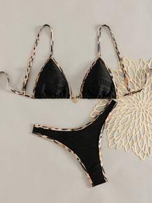 Swim Basics 泳装基础款两件套，春夏海滩度假随机动物纹印花，波浪纹理面料，金色圆盘装饰，细肩带三角文胸搭配高衩丁字裤性感比基尼泳衣（女士款） - 黑色 - 查看 6