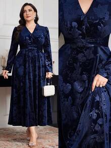 Modelyn Plus Size Women Floral Jacquard V-Neck Puff Sleeve Elegant Dress Long Evening Dresses - Navy Blue - View 4