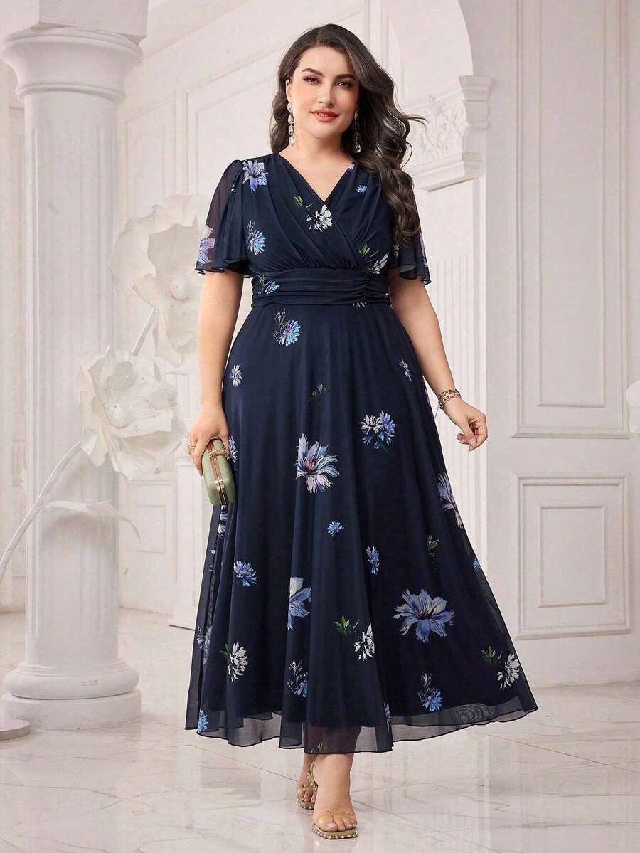 Modelyn 大码春夏花卉印花系带中长连衣裙，优雅晚会礼服长款晚礼服