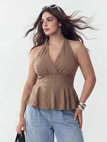 Solavibe Plus Size Women's Brown Boho Summer Vacation Hollow Eyelet Embroidery Halter Neck Peplum Top, Deep V Neck Ruffle Hem Sleeveless Blouse, Curve Outfits - Brown - View 3