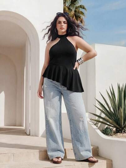 Solavibe Áo tank top thời trang mùa hè màu trơn dành cho nữ cỡ lớn, vạt bất đối xứng