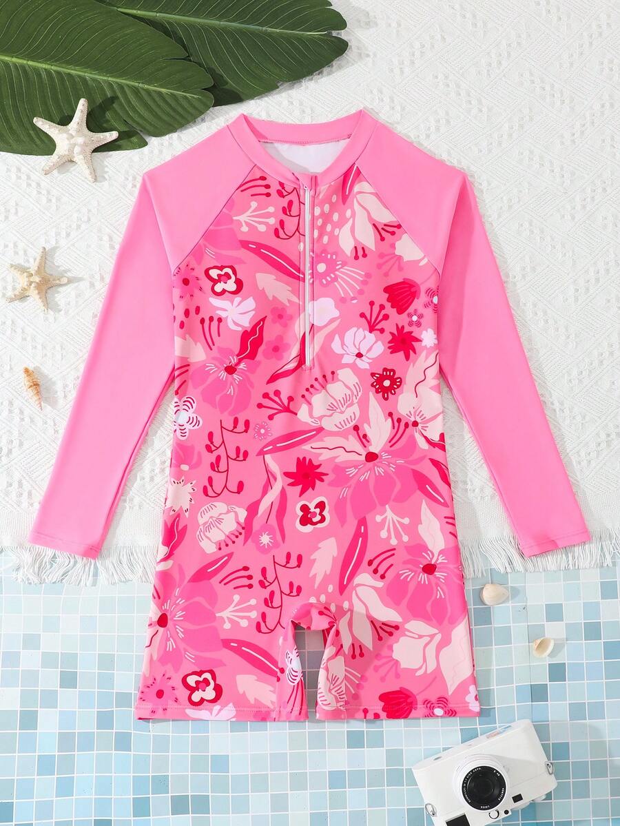 SHEIN Tween Girls One-Piece Swimsuit,Pink,Summer,Cute,Beach,Holiday Tropical Floral Print Long Sleeve Sun Protection Zipper Design Jumpsuit For Vacation - Watermelon Pink - View 1