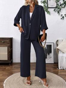 SHEIN Holidaya Conjunto de blazer y pantalones de estilo casual con sensación de lino - azul real - Ver 4