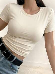 DAZY Women's Casual Solid Color Minimalist Short Sleeve T-Shirt Summer - Beige - View 4