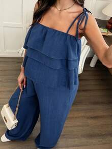 Conjunto de 2 piezas de maternidad con top de tirantes con volantes y pantalones anchos de pierna larga con cintura ajustable, estilo vacacional casual - Azul - Ver 3