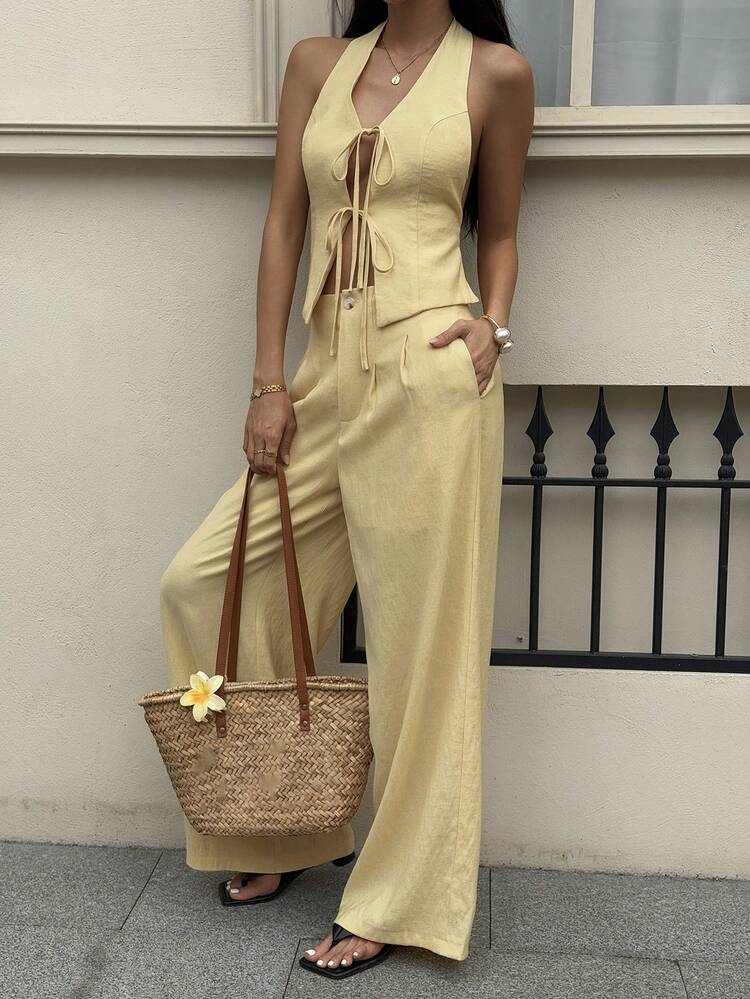Women's Elegant Halter Backless Vest Top And Loose Wide-Leg Pants Casual Two Pieces Suit, Vacation Style, Yellow