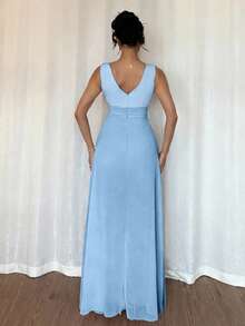 Rafferiza Bộ jumpsuit ống rộng bằng chiffon đính ngọc trai, cổ chữ V, eo xếp ly, thanh lịch, thích hợp làm trang phục dự tiệc cưới, màu tím. - Màu xanh nhạt - Xem 2