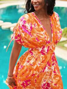 Reflora Vestido plus size de verão com decote em V profundo, cintura marcada, mangas morcego e estampa por toda a peça. - Multicolorido - Ver 4