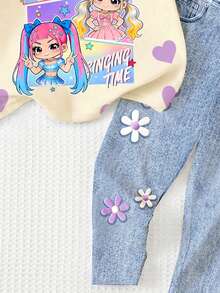 SHEIN 两件套 K-POP 卡通少女爱心印花休闲宽松圆领短袖T恤和打底裤套装，适合春夏日常、街头风、外出、度假、返校、开学等场合。 - 彩色 - 查看 7
