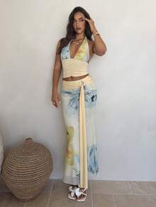 Aloruh Bộ đồ 2 mảnh gợi cảm dành cho nữ, gồm áo hai dây cổ yếm in họa tiết Bohemian và chân váy ngắn, thích hợp cho kỳ nghỉ. - Nhiều màu - Xem 3