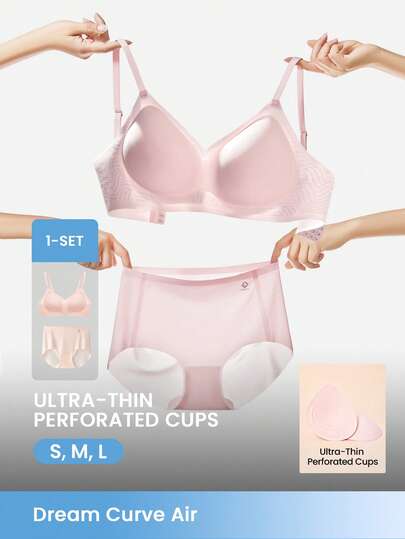 LUVLETTE Dream Curve Air 无钢圈无缝透气薄纱T恤式深V隐形内裤粉色透气粘性基础款尺码自由文胸也适合青少年女孩、年轻女孩和儿童文胸内裤套装
