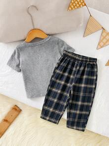 SHEIN Baby Boy Plaid Pattern Pocket Tee And Plaid Shorts 2pcs Pajama Set, Comfortable Casual Sleepwear - Multicolor - View 7