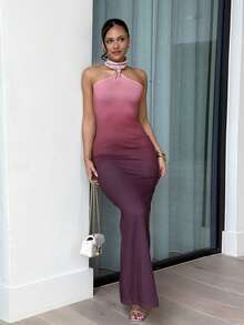 leahseptember Women's Elegant Sexy Metal Buckle Decor Hollow Out Bodycon Black Knit Stretch Maxi Dress, Ombre Angola Red Print, Graceful,Party Dress Chic Dress,Wedding Guest Dress,Prom Dress,Fall Wedding Guest Dress - Multicolor - View 6