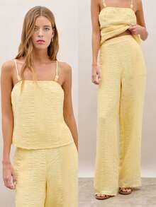 Nöista Textured Two Pieces Set In Soft Pastel Yellow, Featuring A Straight-Neck Camisole With Adjustable Straps And Matching High-Waist Wide-Leg Pants. Wear Together For A Coordinated Outfit Or Mix And Match, Spring, Summer, Vacation, Holiday, Outfit. - Yellow - View 4