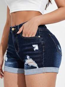 Pantalones cortos de mezclilla con dobladillo deshilachado y enrollable, Shorts informal, Pantalones cortos vaqueros informales y versátiles para mujer, Jeans - Azul - Ver 2