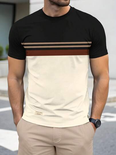 Manfinity Homme Men's Striped Crew Neck Short Sleeve Casual T-Shirt, Summer