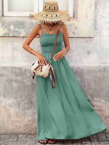 Brillora Spring/Summer Casual Vacation A-Line Waist Cinched Textured Fabric Spaghetti Strap Dress - Green - View 5