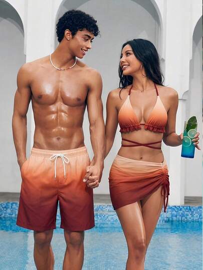 Azuldrift Men's Gradient Drawstring Casual Beach Shorts Matching Bathing Suit For Men And Women Swim Vacay Summer Outfits For Women Matching Bikini Set Couple Holiday / Vacation / Beach / Hawaii / Tropical / Swim /  Bathing