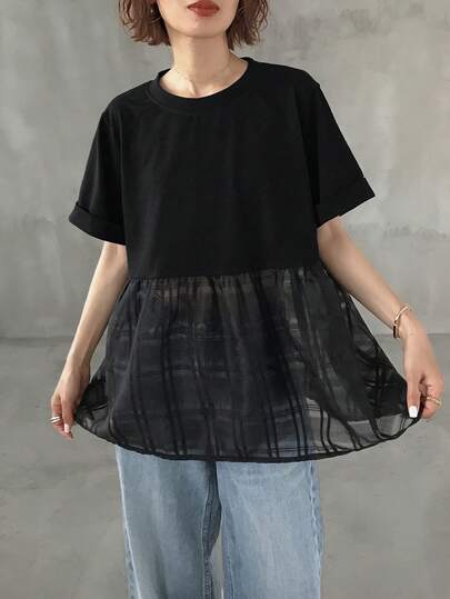 FRIFUL Dames T-shirt met ronde hals, effen stof, patchwork, doorschijnend ruitpatroon en decoratieve korte mouwen.