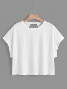 SHEIN Essnce Plus Size Solid Color Round Neck Short Sleeve Batwing Hollow Out T-Shirt, Summer - Multicolor - View 2
