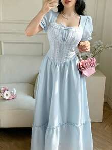 Pink Lace Patchwork Ruffle Hem Elegant Dress For Women - Blue - View 7