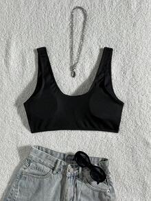 Swim Basics Top bikini vinculado con aro de corazón con abertura - Negro - Ver 4