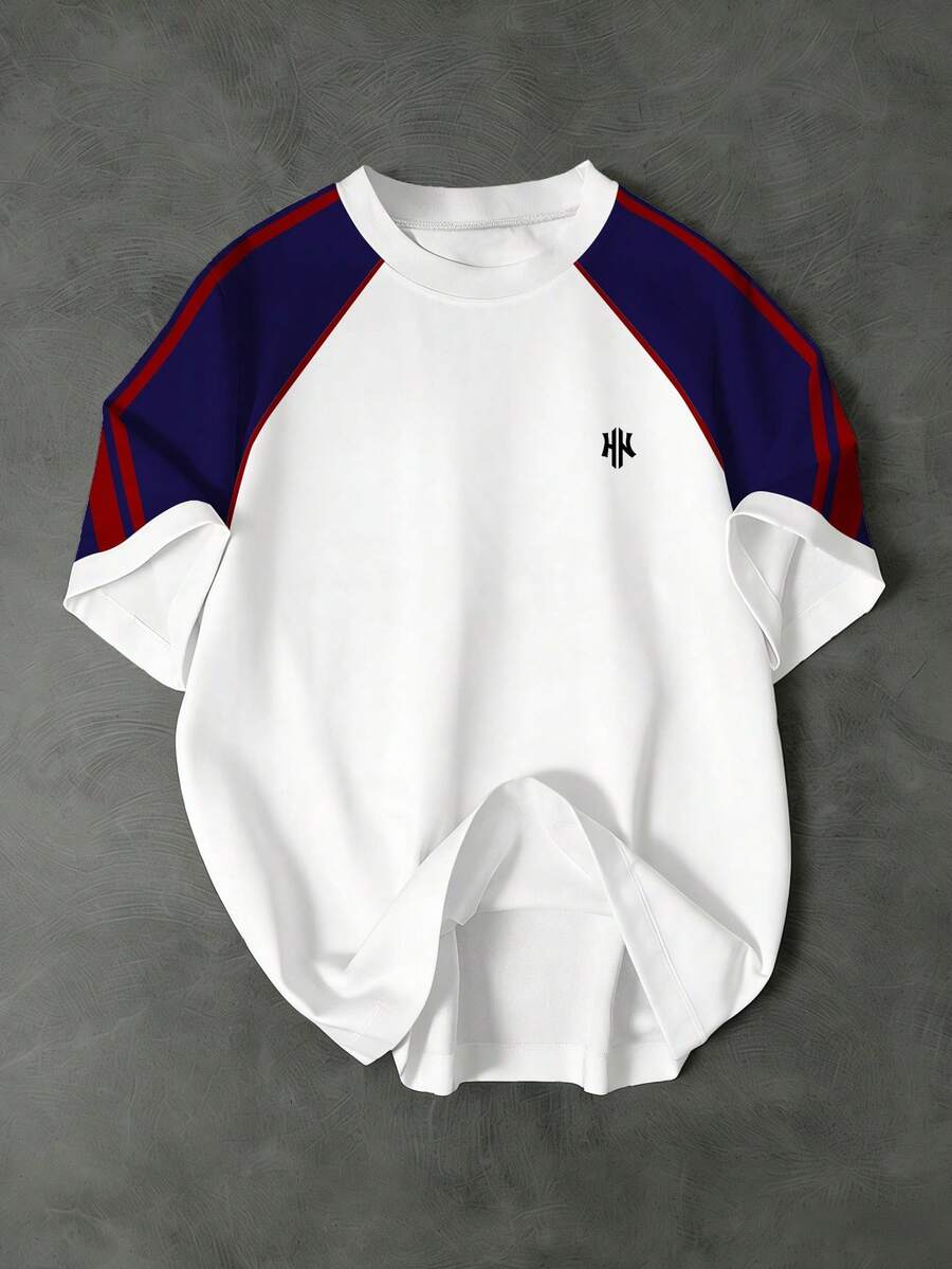 Manfinity EMRG Men's Retro Color Block H Letter Logo Crew Neck Casual Short Sleeve T-Shirt - Multicolor - View 1