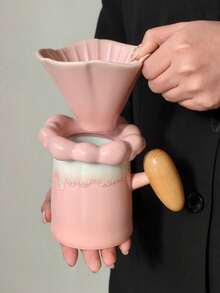 1 Set - Juego de Portafiltro y Taza de Cerámica para Cafetera - Creativo, de Alta Gama, Cerámica de Color Rosa Fluyente - Cafetera de Preparación Manual - Filtro de Café de Cerámica - Embudo. - Multicolor - Ver 4