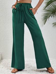 SHEIN Tall 女款卡其色休閒度假風鬆緊腰抽繩寬鬆直筒長褲，適合高個女性 - 墨綠色 - 查看 3