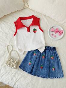SHEIN Playful Pals 2pcs/Set Toddler Girls' Summer Outfit,Sleeveless Polo Neck Top & Embroidered Strawberry Denim Skirt,Matching Clothes For School,Family Vacation - Apricot - View 3