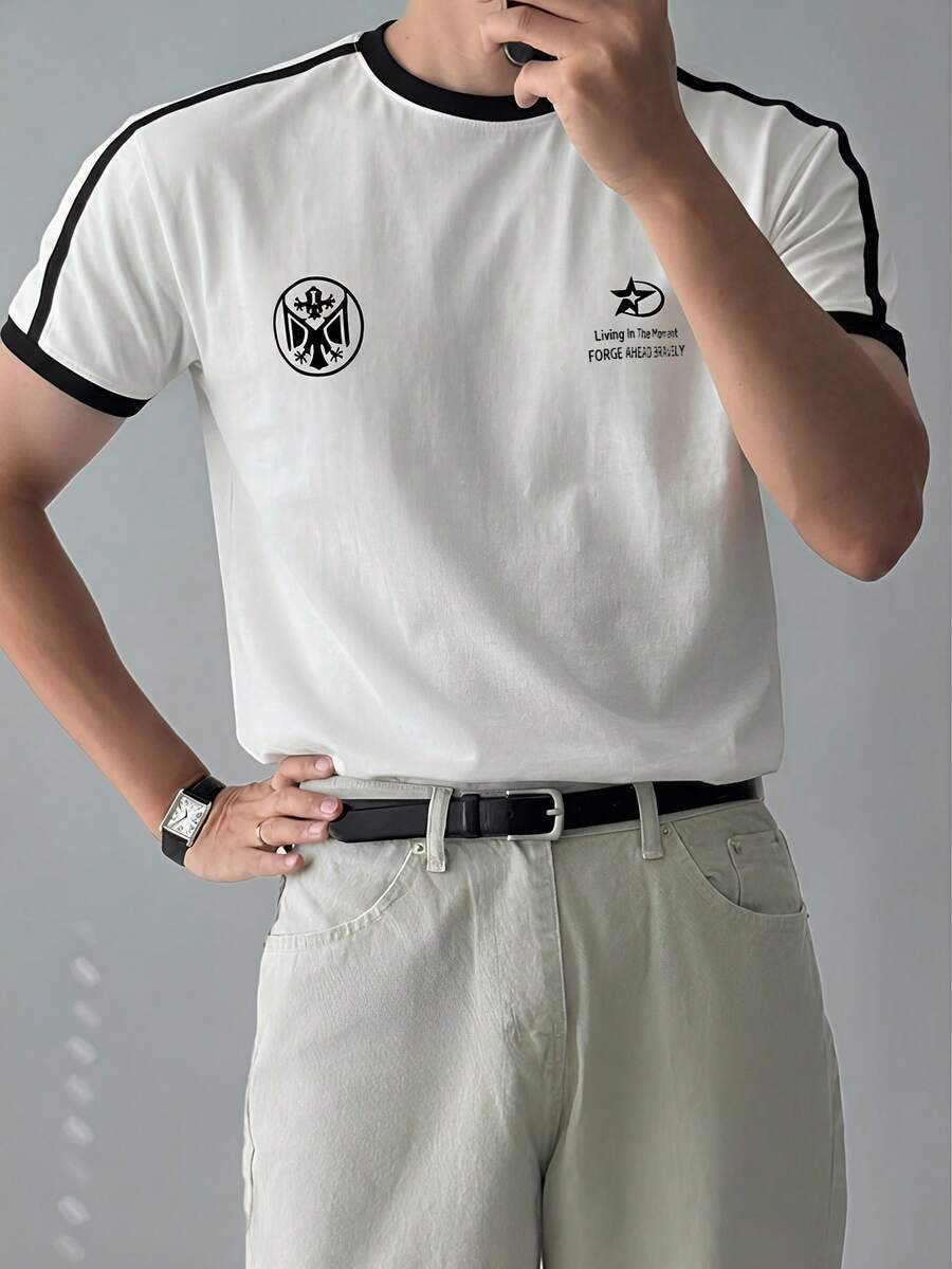 DAZY 男士字母印花拼接撞色领白色T恤，夏季款 - 白色 - 查看 1