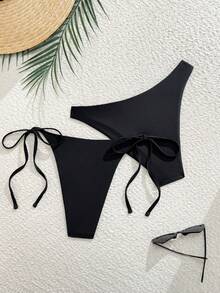 Swim Mod 2件套女士纯色黑色比基尼泳裤，1条抽绳腰带泳裤和1条比基尼泳裤，夏季沙滩泳装 - 彩色 - 查看 2