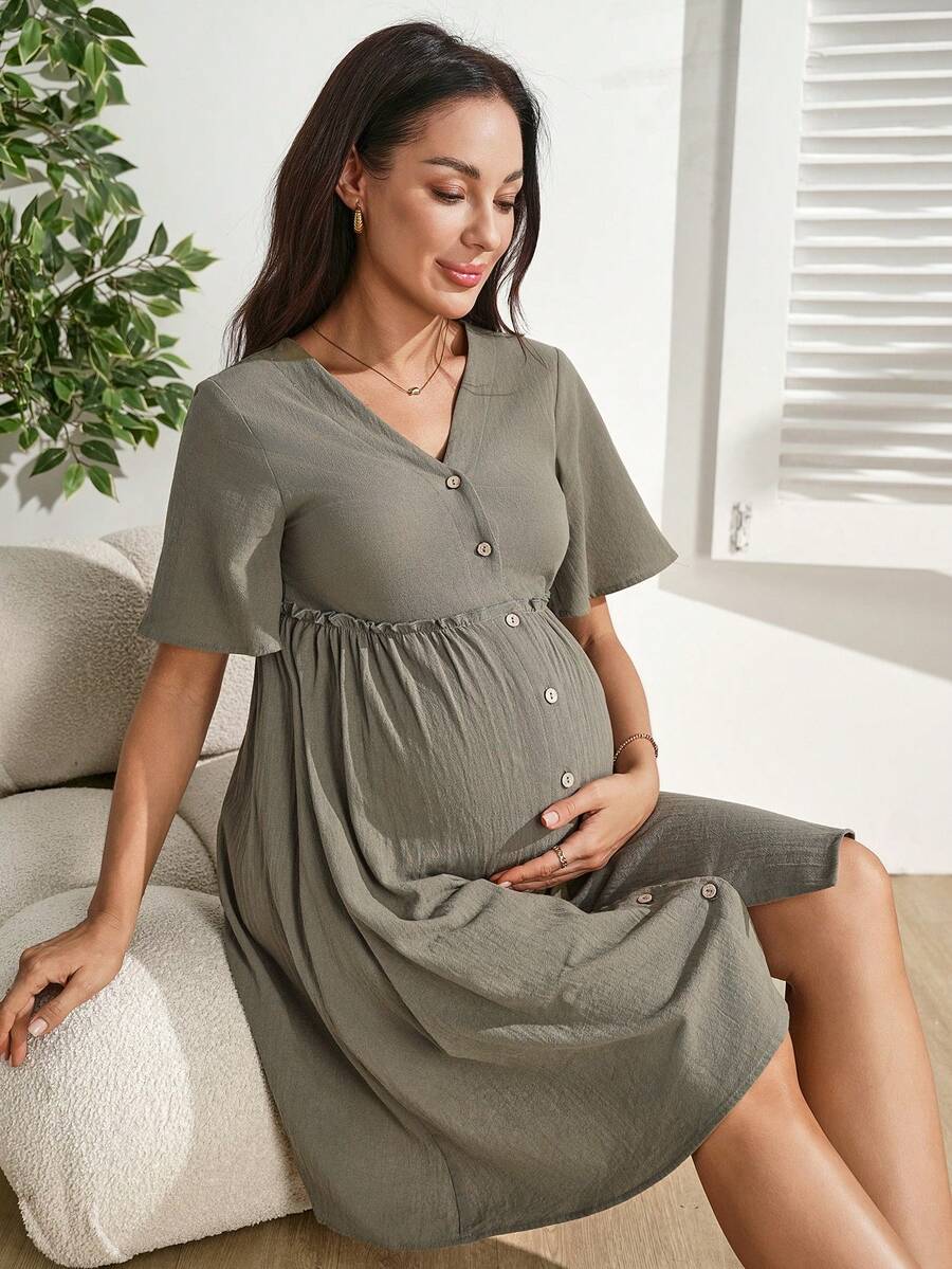 SHEIN Nouvelle arrivée Robe d'été bohème à col en V, manches courtes et volants à l'ourlet - Militaire verte - Voir 1