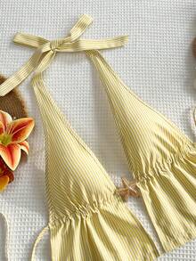 Sunnyshic Bộ đồ thể thao tối giản dành cho nữ mùa xuân/hè, gồm áo khoác cardigan cổ chữ V sâu kẻ sọc xanh trắng bằng vải cotton, áo hai dây buộc sau lưng và quần ống đứng có túi dây rút, thích hợp cho kỳ nghỉ. - Màu vàng - Xem 9