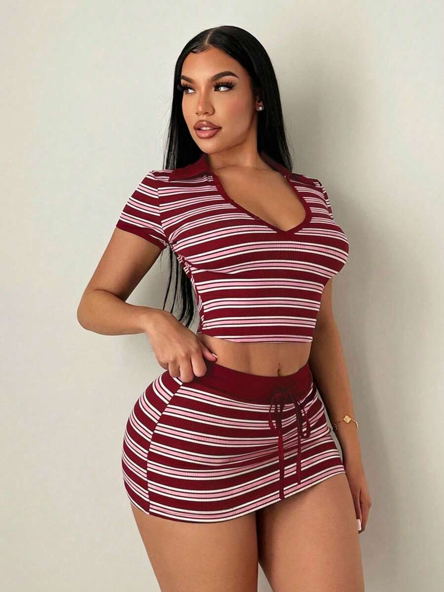 SHEIN SXY 休闲条纹性感翻领短裤套装 - 彩色 - 查看 1