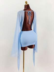 Amplova Gaun Mini Bodycon Nuansa Romantis untuk Liburan, Warna-warna Alami, Kerah Berpotongan Rendah, Lengan Mengembang - Baby Blue - View 8