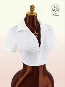 Amplova 2026 New Casual Sexy Shirt With Front Ruched Design And Backless Tie-Up Detail, Cropped - White - View 4