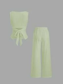 Sweetra Bộ 2 món mùa xuân/hè gồm áo thun cổ thuyền tay bồng và quần ống loe, thích hợp đi làm, đi chơi, dễ phối đồ. - màu xanh lá - Xem 2