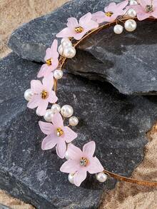 Opalesca 1pc Women Faux Pearl & Flower Decor Sweet Style Headband Boho,Hairband,Hair Hoop Headbands Hair Accessories Head Accessories - Pink - View 4