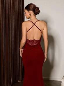 Slumberist Women's Sexy Solid Color Spaghetti Strap Draped Neck Backless Lace Patchwork Mermaid Dress Open Back Dress Burgundy Dress - Burgundy - View 1
