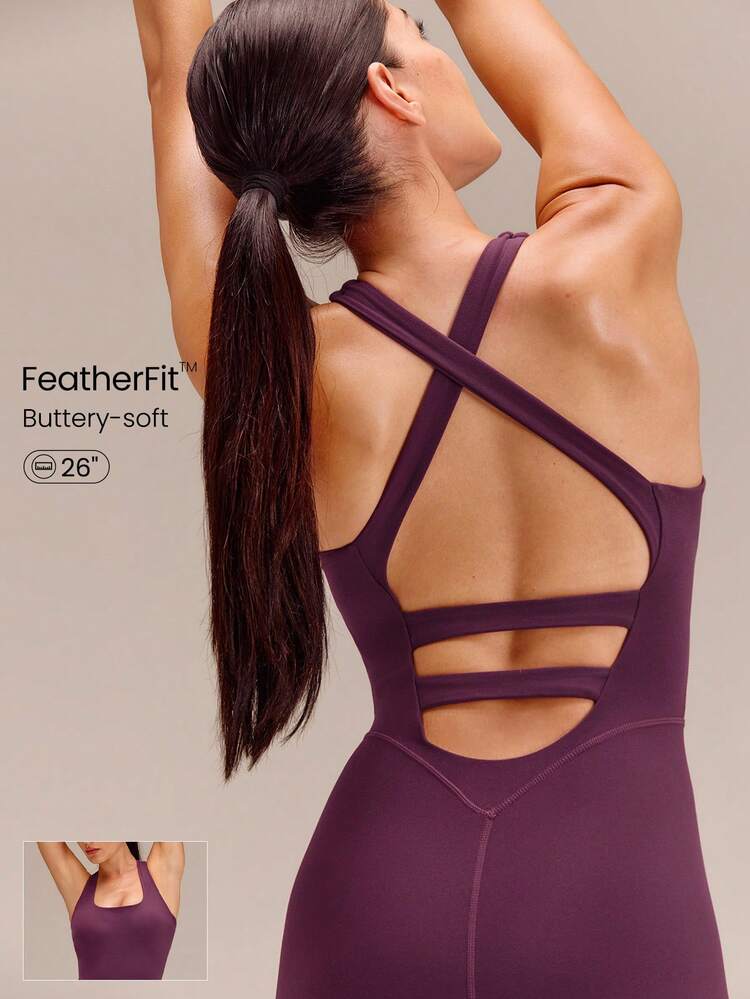 FeatherFit™ 26'' Scoop Neck Crisscross Back Jumpsuit Low Impact Yoga Pilates Studio Gym