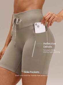 GLOWMODE 6" Powersculpt™ High Energy High-Rise Drawstring Waist Side Pockets Reflective Anti-Slip X Training Running Workout Gym Daily Active Wear - Khaki - View 3