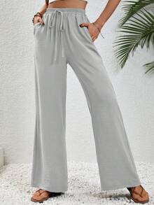 SHEIN Tall Women's Khaki Casual Vacation Style Elastic Waist Drawstring Relaxed Straight Leg Pants - Light Grey - View 6
